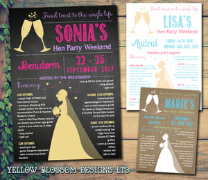 Rustic Natural Chalkboard Champagne Celebration Hen Weekend Itinerary Cards Hen Party Invites Bride To Be - Custom Personalised Invites - Yellow Blossom Designs Ltd