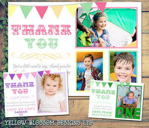 Shabby Chic Rainbow Colourful Bunting Personalised Birthday Thank You Cards Printed Kids Child Boys Girls Adult - Custom Personalised Thank You Cards - Yellow Blossom Designs Ltd