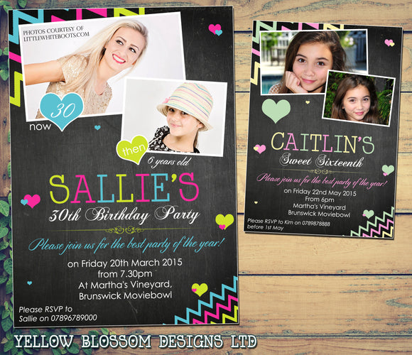 Adult Birthday Invitations Female Male Unisex Joint Party 18th 21st 30th 40th 50th 60th - Zig Zags Blackboard Photo Print ~ QUANTITY DISCOUNT AVAILABLE - YellowBlossomDesignsLtd