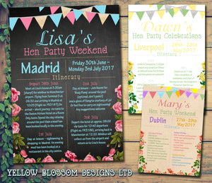 Shabby Chic Bunting Glitter Hen Weekend Itinerary Cards Hen Party Invites Bride To Be  - Custom Personalised Invites - Yellow Blossom Designs Ltd