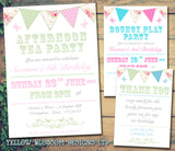 Shabby Chic Afternoon Tea Party Invitations - Boys Girls Joint Birthday Party Invites Twins Unisex Printed ~ QUANTITY DISCOUNT AVAILABLE