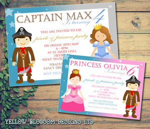 Pirate & Princess Party Invitations - Children's Kids Child Birthday Invites Boy Girl Joint Party Twins Unisex Printed ~ QUANTITY DISCOUNT AVAILABLE