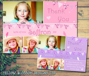 Girlie Pink Purple Bunting Garden Party Photos Personalised Birthday Thank You Cards Printed Kids Child Boys Girls Adult - Custom Personalised Thank You Cards - Yellow Blossom Designs Ltd