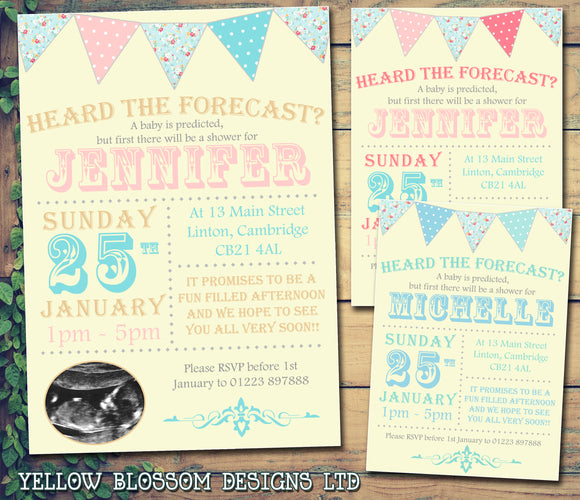 Baby Shower Invitations Boy Girl Unisex Twins Joint Party - Heard The Forecast Carnival Funky Bunting ~ QUANTITY DISCOUNT AVAILABLE - YellowBlossomDesignsLtd