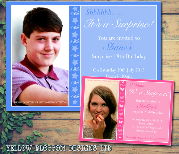 Birthday Invitations Female Male Unisex Joint Party Personalised 18th 21st 30th 40th 50th 60th Shhh It's A Surprise ~ QUANTITY DISCOUNT AVAILABLE - YellowBlossomDesignsLtd