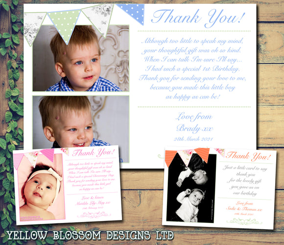 Shabby Chic Bunting Joint Boy Girl Twins Photo Personalised Thank You Cards Christening Baptism Naming Day Party Celebrations QUANTITY DISCOUNT
