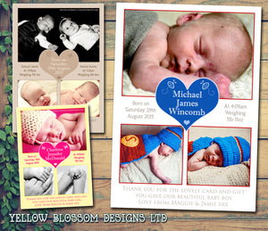 Hearts New Born Baby Birth Announcement Twin Photo Cards Personalised Bespoke ~ QUANTITY DISCOUNT AVAILABLE