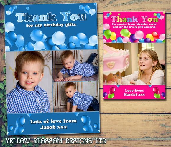 Blue Pink Rainbow Colour Balloons Personalised Birthday Thank You Cards Printed Kids Child Boys Girls Adult  - Custom Personalised Thank You Cards - Yellow Blossom Designs Ltd