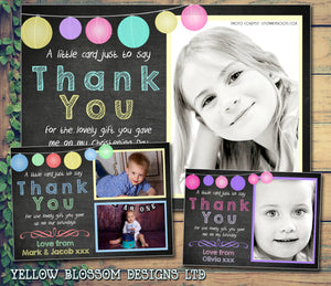 Chalkboard Photos Lanterns Garden Party Personalised Birthday Thank You Cards Printed Kids Child Boys Girls Adult ~ QUANTITY DISCOUNT AVAILABLE