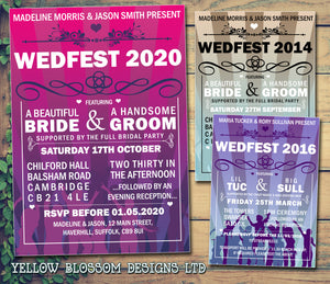 Wedfest Party Pink Purple Orange Yellow Festival Wedding Day Evening Invitations Personalised Bespoke - Custom Personalised Invites - Yellow Blossom Designs Ltd