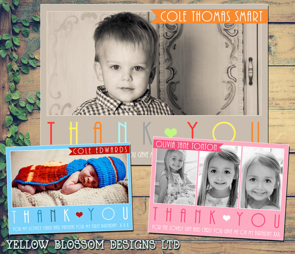 Classic Elegant Photos Banner Personalised Birthday Thank You Cards Printed Kids Child Boys Girls Adult  - Custom Personalised Thank You Cards - Yellow Blossom Designs Ltd