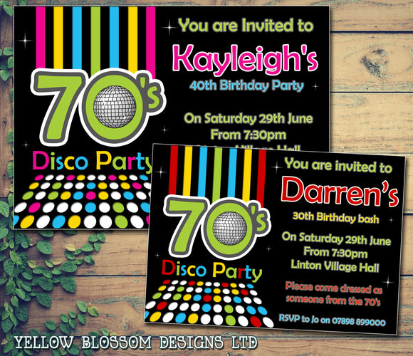 Adult Birthday Invitations Female Male Unisex Joint Party Her Him For Her - 70's Disco Party ~ QUANTITY DISCOUNT AVAILABLE - YellowBlossomDesignsLtd