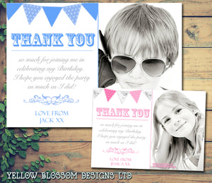 Funky Boy Girl Bunting Pink Blue Personalised Birthday Thank You Cards Printed Kids Child Boys Girls Adult - Custom Personalised Thank You Cards - Yellow Blossom Designs Ltd