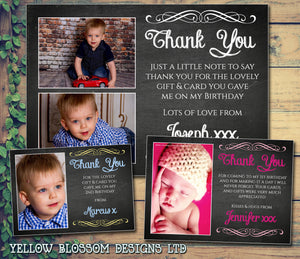 Chalkboard Black Board Photos Personalised Birthday Thank You Cards Printed Kids Child Boys Girls Adult  - Custom Personalised Thank You Cards - Yellow Blossom Designs Ltd