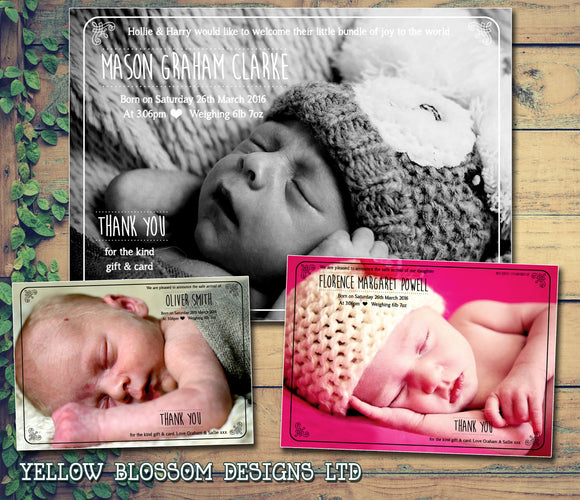 Full Photo Card Thank You Message Note New Born Baby Birth Announcement Photo Cards Personalised Bespoke ~ QUANTITY DISCOUNT AVAILABLE