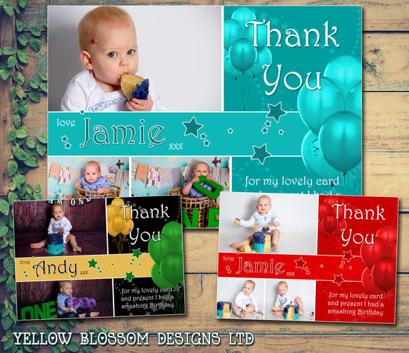 Party Balloons Pink Blue Gold Teal Photos Personalised Birthday Thank You Cards Printed Kids Child Boys Girls Adult - Custom Personalised Thank You Cards - Yellow Blossom Designs Ltd