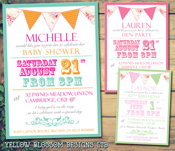 Adult Birthday Invitations Female Male Unisex Joint Party Her Him For Her - Carnival Bunting Colourful ~ QUANTITY DISCOUNT AVAILABLE - YellowBlossomDesignsLtd