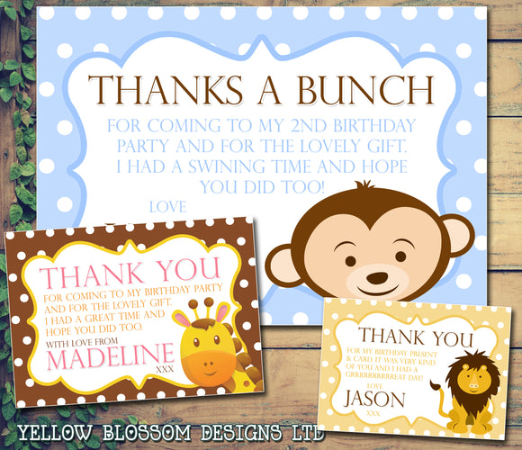 Giraffe Monkey Lion Polka Dots Personalised Birthday Thank You Cards Printed Kids Child Boys Girls Adult - Custom Personalised Thank You Cards - Yellow Blossom Designs Ltd