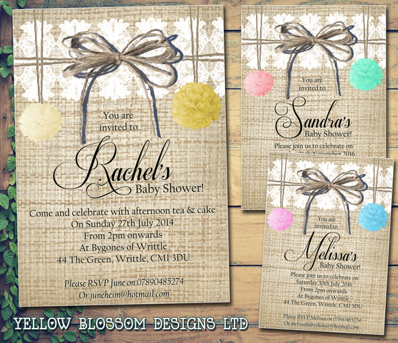Baby Shower Invitations Boy Girl Unisex Twins Joint Party - Rustic Lace Twine Pom Poms ~ QUANTITY DISCOUNT AVAILABLE - YellowBlossomDesignsLtd