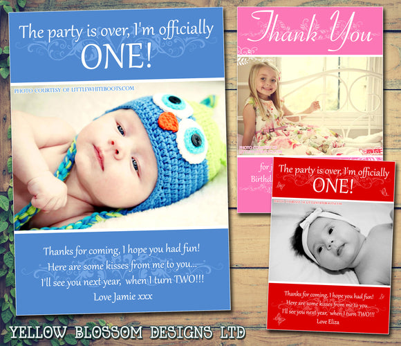 Party Is Over And I Am ONE! Personalised Birthday Thank You Cards Printed Kids Child Boys Girls Adult - Custom Personalised Thank You Cards - Yellow Blossom Designs Ltd