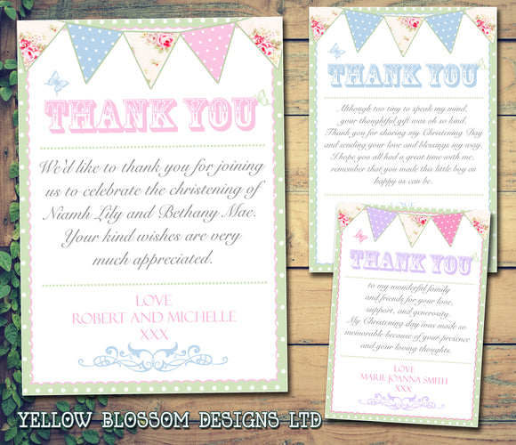 Shabby Chic Rustic Joint Boy Girl Twins Photo Personalised Thank You Cards Christening Baptism Naming Day Party Celebrations ~ QUANTITY DISCOUNT AVAILABLE