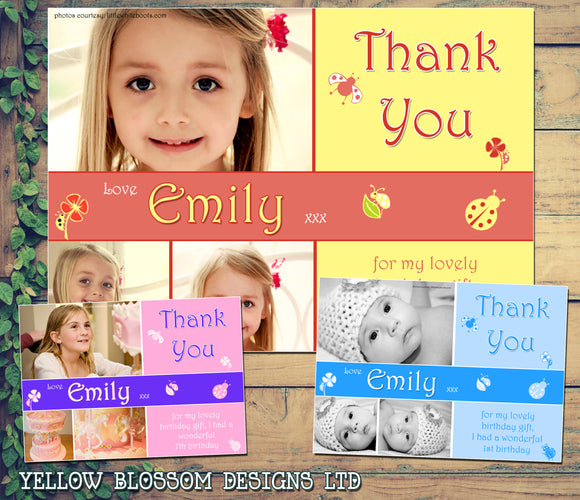 Ladybirds Photo Cute Personalised Birthday Thank You Cards Printed Kids Child Boys Girls Adult - Custom Personalised Thank You Cards - Yellow Blossom Designs Ltd