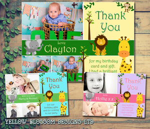 Zoo Animals Photos Giraffe Lion Money Elephant Personalised Birthday Thank You Cards Printed Kids Child Boys Girls Adult