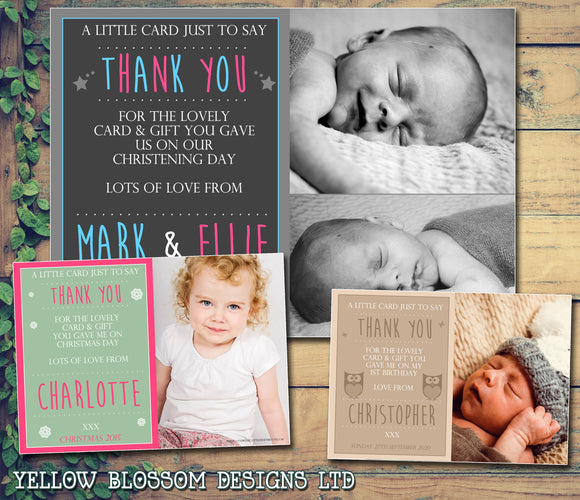 Blue Pink Green Joint Boy Girl Twins Photo Personalised Thank You Cards Christening