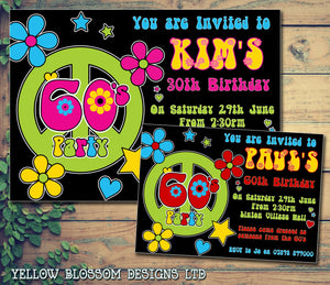 Adult Birthday Invitations Female Male Unisex Joint Party Her Him For Her - 60's Hippie Peace Love ~ QUANTITY DISCOUNT AVAILABLE - YellowBlossomDesignsLtd