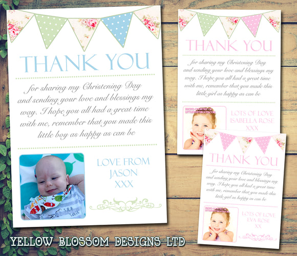 Vintage Carnival Joint Boy Girl Twins Photo Personalised Thank You Cards Christening Baptism Naming Day Party Celebrations ~ QUANTITY DISCOUNT AVAILABLE