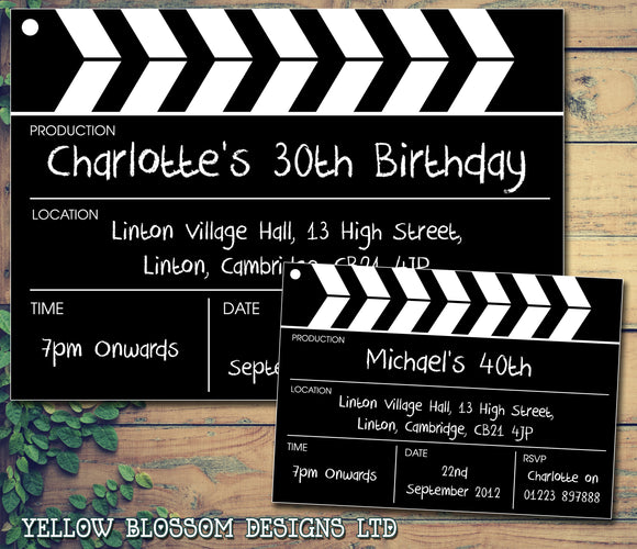 Adult Birthday Invitations Female Male Unisex Joint Party Her Him For Her - Clapper Movie Board ~ QUANTITY DISCOUNT AVAILABLE - YellowBlossomDesignsLtd