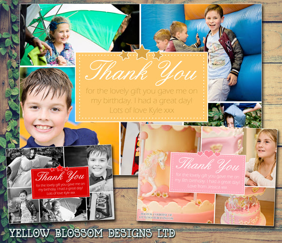 Many Photos Party Personalised Birthday Thank You Cards Printed Kids Child Boys Girls Adult - Custom Personalised Thank You Cards - Yellow Blossom Designs Ltd