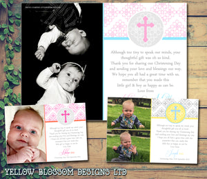 Elegant Religious Pink Blue Joint Boy Girl Twins Photo Personalised Thank You Cards