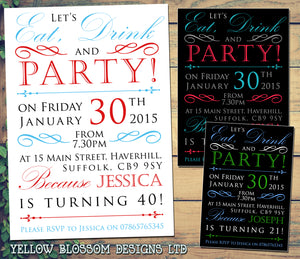 Adult Birthday Invitations Female Male Unisex Joint Party Her Him For Her - Let's Eat Drink & Party ~ QUANTITY DISCOUNT AVAILABLE - YellowBlossomDesignsLtd