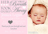 First Breath Took Ours Away His Her New Born Baby Birth Announcement Photo Cards Personalised Bespoke ~ QUANTITY DISCOUNT AVAILABLE