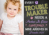 Trouble Maker Partner In Crime Sister Brother Sibling Personalised Pregnancy Announcement Cards New Baby Pregnant