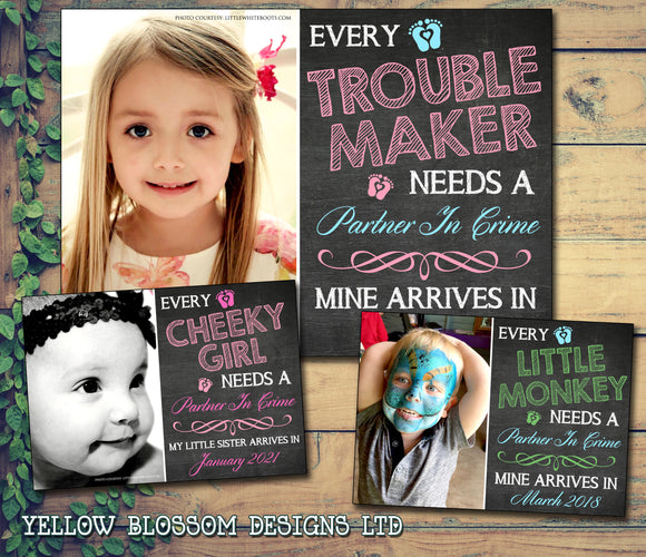 Trouble Maker Partner In Crime Sister Brother Sibling Personalised Pregnancy Announcement Cards New Baby Pregnant