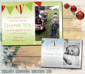 Bunting Boy Girl Twins Joint Personalised Folded Flat Christmas Thank You Photo Cards Family Child Kids ~ QUANTITY DISCOUNT AVAILABLE