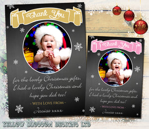 Chalkboard Snowflakes Banner Personalised Folded Flat Christmas Thank You Photo Cards Family Child Kids ~ QUANTITY DISCOUNT AVAILABLE - YellowBlossomDesignsLtd