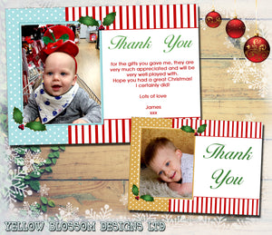 Spots & Stripes Personalised Folded Flat Christmas Thank You Photo Cards Family Child Kids ~ QUANTITY DISCOUNT AVAILABLE