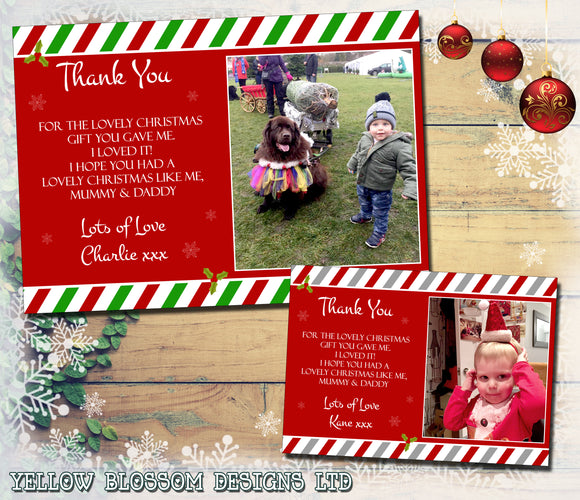 Candy Cane Stripes Personalised Folded Flat Christmas Thank You Photo Cards Family Child Kids ~ QUANTITY DISCOUNT AVAILABLE