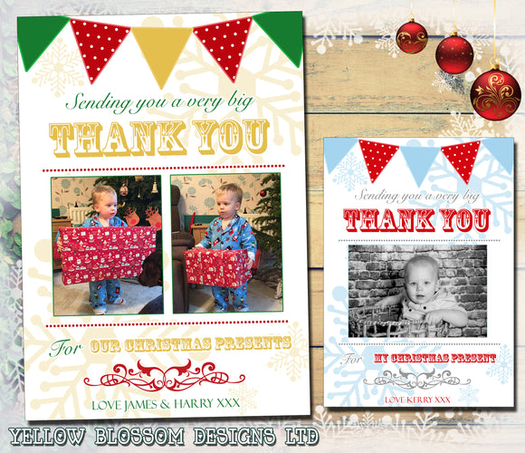 Festive Bunting Shabby Chic Personalised Folded Flat Christmas Thank You Photo Cards Family Child Kids ~ QUANTITY DISCOUNT AVAILABLE