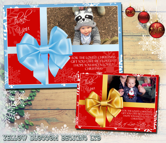 Bow Gift Present Personalised Folded Flat Christmas Thank You Photo Cards Family Child Kids ~ QUANTITY DISCOUNT AVAILABLE