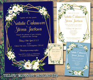 10 Personalised Wedding Party Invitations Invites Reception Day Evening Floral Navy Ivory White Gold Dusky Duck Egg Blue
