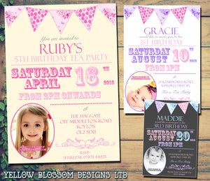 Girlie Bunting Poster Invitations - Boy Girl Joint Party Invites Twins Unisex Printed Children's Kids Child ~ QUANTITY DISCOUNT AVAILABLE