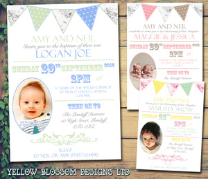 Rustic Poster Bunting Chic Photo - Christening Invitations Joint Boy Girl Unisex Twins Baptism Naming Day Ceremony Celebration Party ~ QUANTITY DISCOUNT AVAILABLE