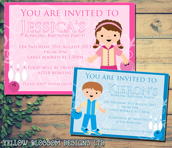 Boy Girl Bowling Invite - Children's Kids Child Birthday Invitations Boy Girl Joint Party Twins Unisex Printed ~ QUANTITY DISCOUNT AVAILABLE - YellowBlossomDesignsLtd