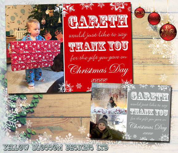 Red Blue Silver Personalised Folded Flat Christmas Thank You Photo Cards Family Child Kids