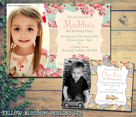 Rustic Rose Hessian Photo Party Invitations - Boy Girl Unisex Joint Birthday Invites Boy Girl Joint Party Twins Unisex Printed ~ QUANTITY DISCOUNT AVAILABLE