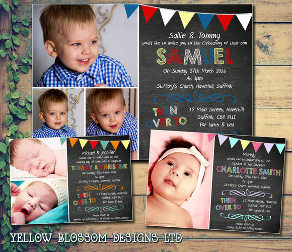 Bunting Photo - Christening Invitations Joint Boy Girl Unisex Twins Baptism Naming Day Ceremony Celebration Party ~ QUANTITY DISCOUNT AVAILABLE